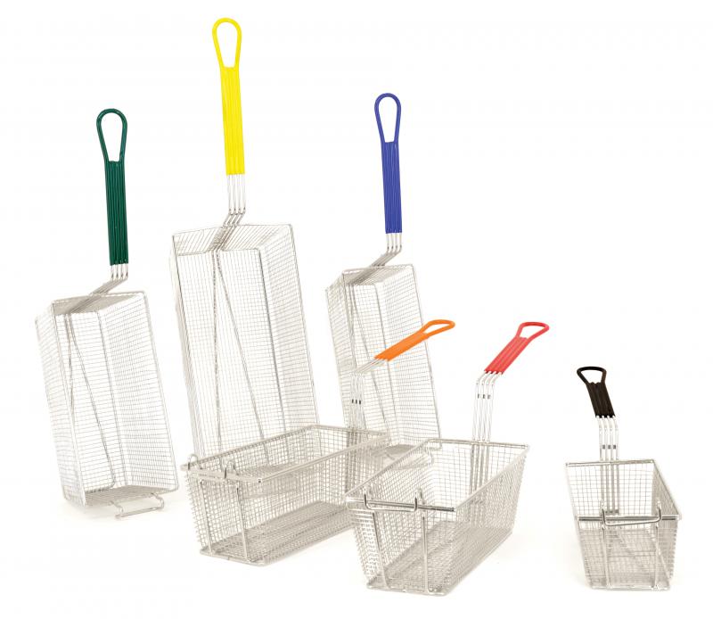 13 1/4" x 5 7/8" x 5 5/8" Nickel-Plated Iron Fryer Basket with Green Handle